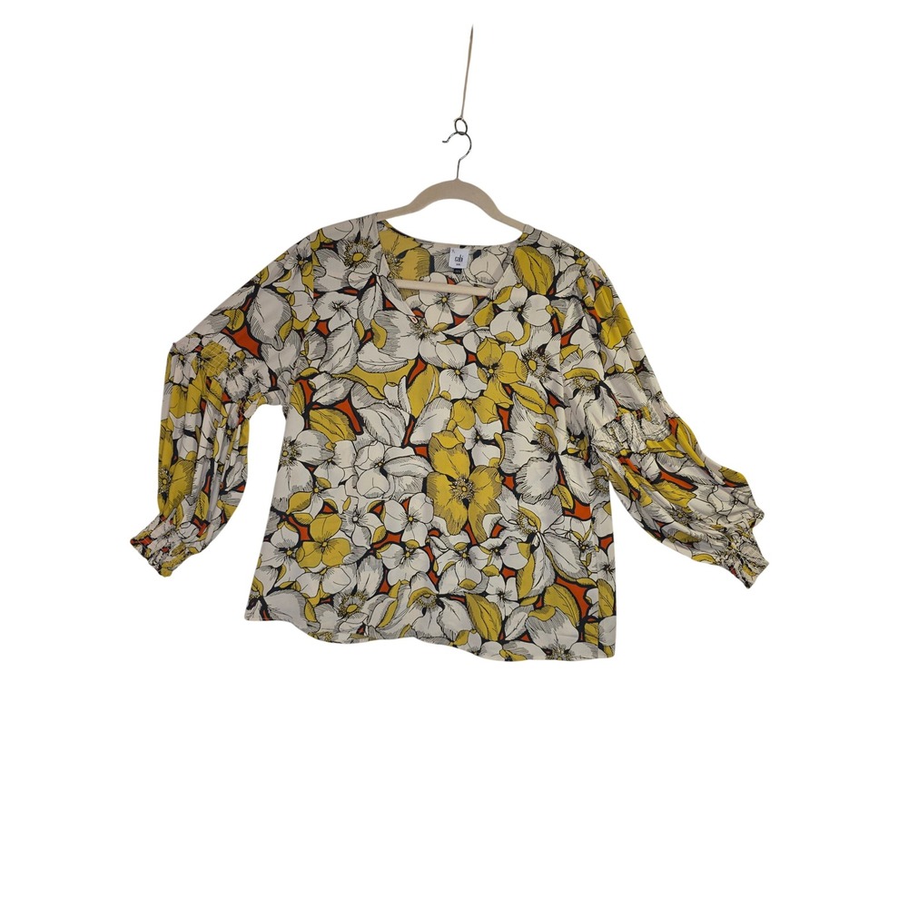 Cabi Floral V-Neck Blouse Floral Yellow Orange White Smocked Cuff XXL Boho Cute